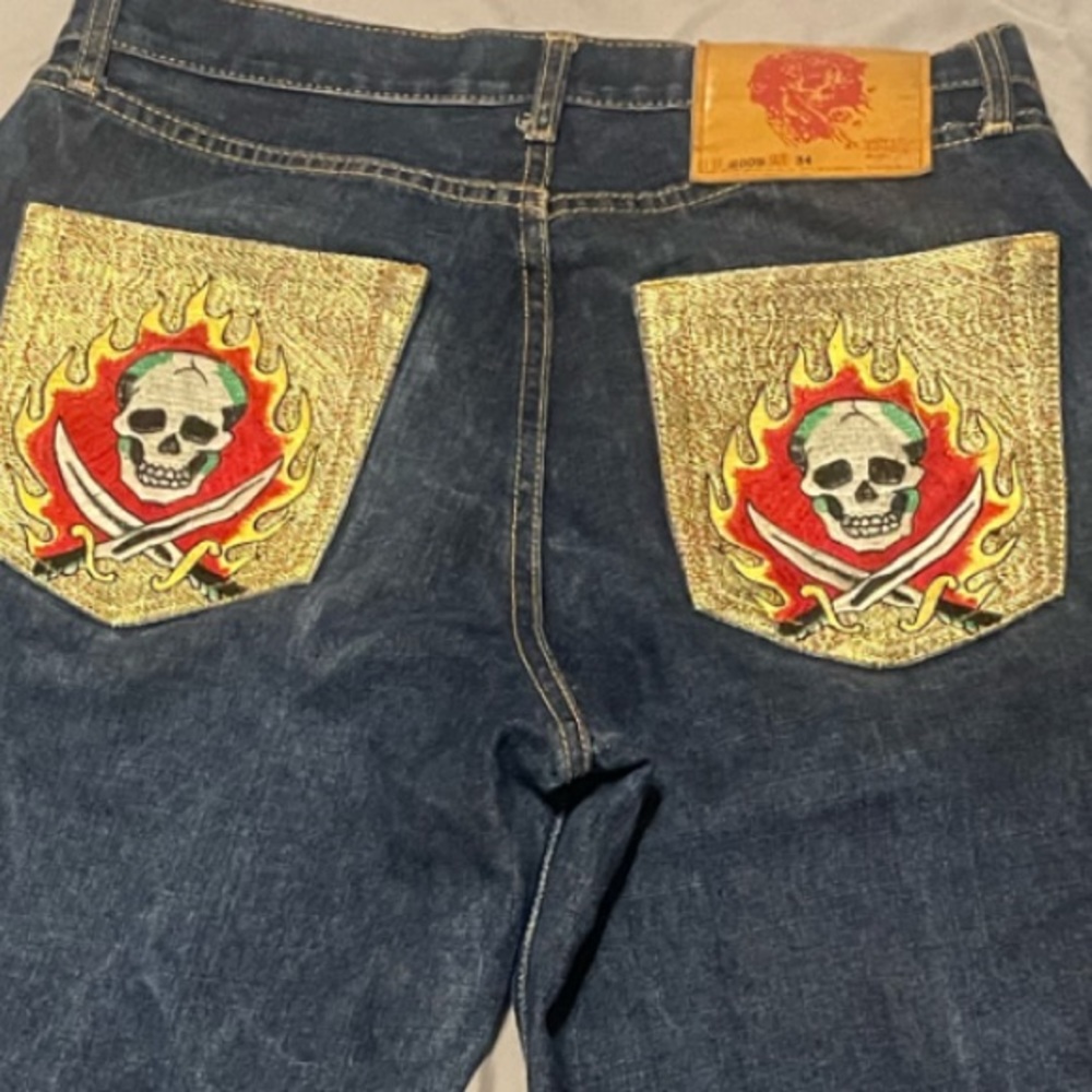 Ed Hardy Denim Semper Paratus Embroidered Pirate Jeans
